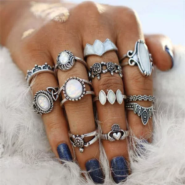 12 Pcs/Set Vintage Natural Opal Stone Knuckle Rings