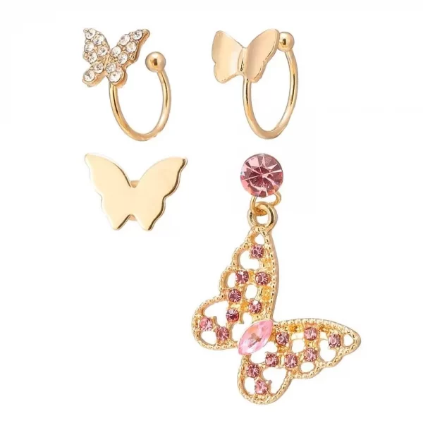 Crystal Butterfly Ear Clip Earrings Set 4pcs Drop Earrings